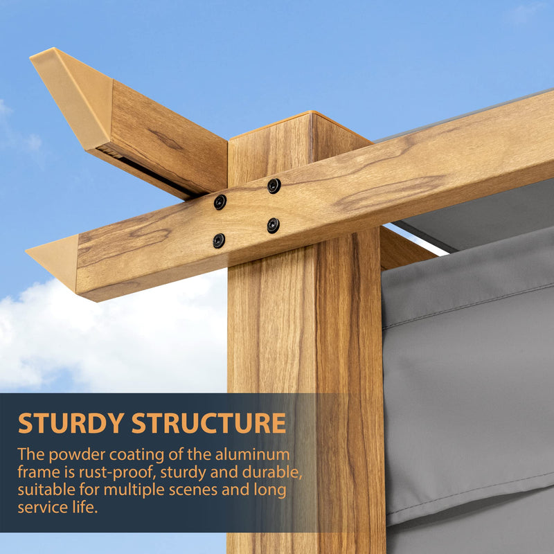 HAPPATIO 12' X 12' Retractable Pergola Canopy for Backyard, Garden, Patio; Woodgrain-Look Aluminum Frame with Retractable Pergola Canopy, Includes Anchors and Expansion Screws (Grey)