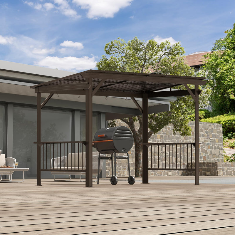 Domi 6.5x12FT Hardtop Grill Gazebo, Outdoor BBQ Gazebo with 2 Side Shelves, Sloping Steel Roof for Permanent Sun Shade with Ceiling Hooks for Patio Deck Yard Garden (Brown)