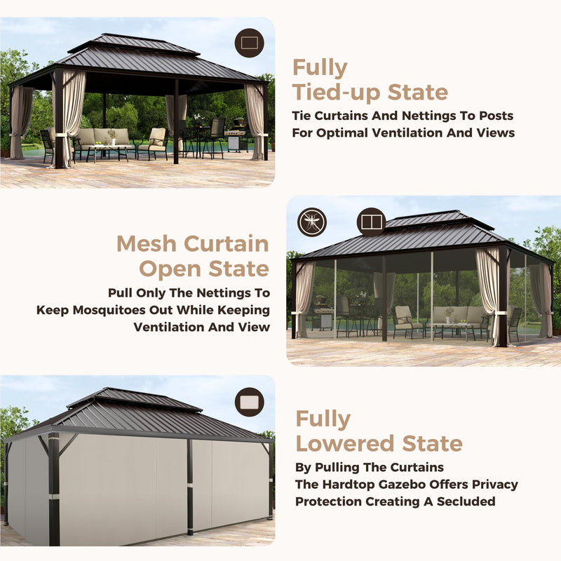 MIXPATIO 14' x 20' Hardtop Gazebo, Galvanized Steel Metal Double Roof Gazebo, Permanent Outdoor Metal Pavilion with Curtain and Netting for Deck, Backyard, Patio, Lawns