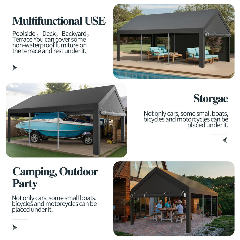 Shintenchi Carport 12' x 20' Heavy Duty Portable Garage, Carport Canopy with Side-Opening Door & Roll-Up Windows, Car Canopy for Truck,Car,Boat,Grey