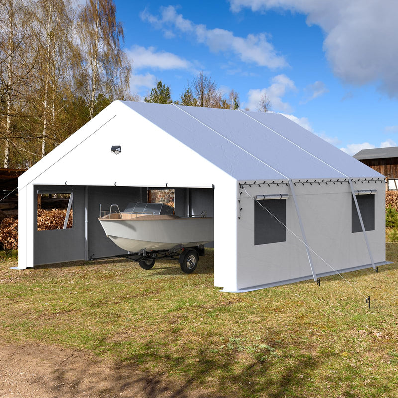 Benass Carports 20x20 Heavy Duty, Portable Garage 20x20 with 2 Roll Up Zipper Doors and Mesh Windows, Driveway Car Port Canopy, White