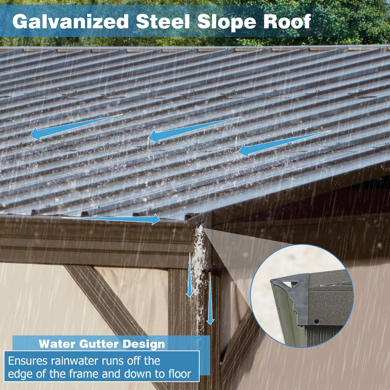 SHPAI 12’ x 16’ Lean to Gazebo, Outdoor Wall Mounted Gazebo Aluminum Frame, Hardtop Pergola with Galvanized Steel Sloping Roof for Patio Deck Garden Backyard, Curtain and Netting Included