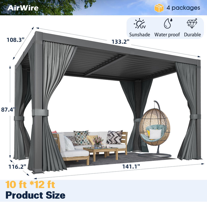 Airwire Pergola 10x12 Ft Louvered Pergola Aluminum Outdoor Pergolas W/Adjustable Roof, Waterproof Curtains and Nets Outdoor Gazebo for Deck,Patio,Backyard and Garden