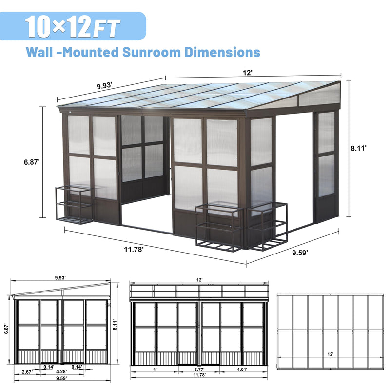 Domi 10x12FT All Season Sunroom, Outdoor Permanent Wall Mounted Solarium with Detachable Polycarbonate Windows, Aluminum Lean to Gazebo Sun Room with 2 Lockable Sliding Doors for Garden Patio Deck
