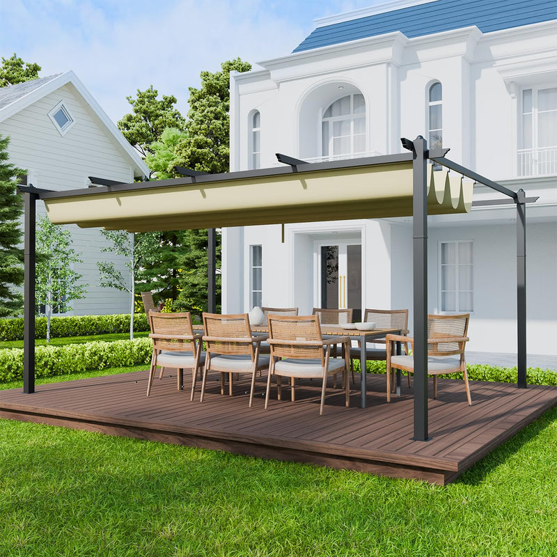 EBE 12'x16' Outdoor Pergola, Metal Patio Pergolas, Heavy Duty Retractable Awning Pergola Sun Shade Canopy for Decks, Gardens and Backyards, Beige