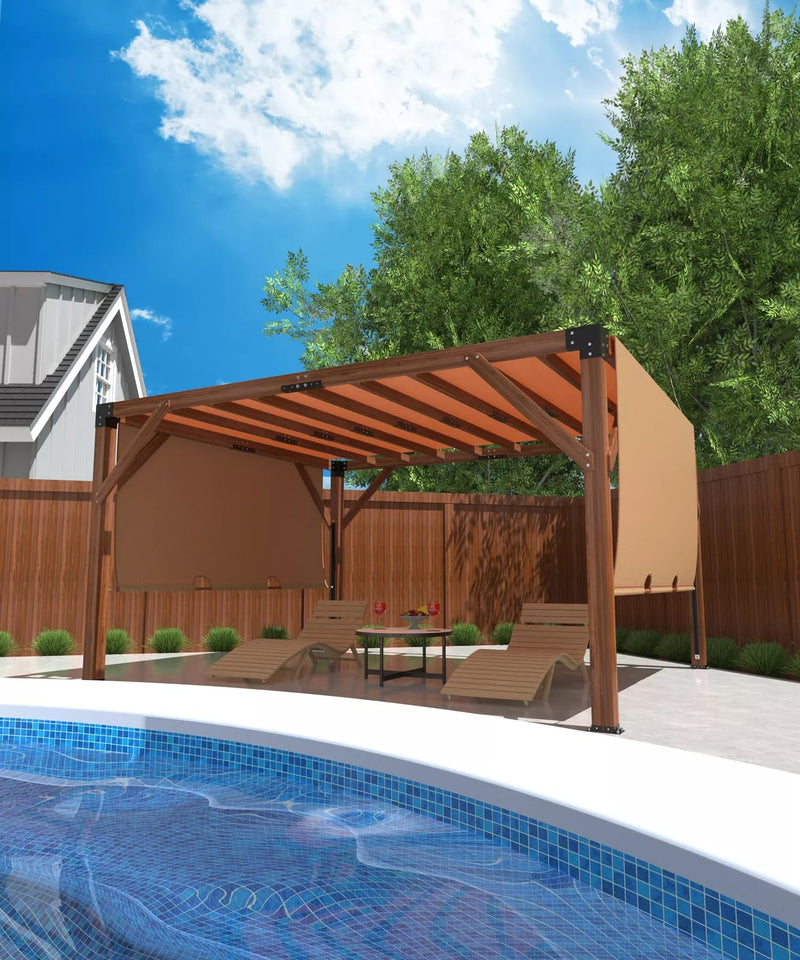 12'X 14' Cedar Wood Pergola, Wood Patio Pergola with Retractable Shade Canopy, Rot Resistant, Durable, for Backyard, Garden, Deck, Outdoor Entertaining