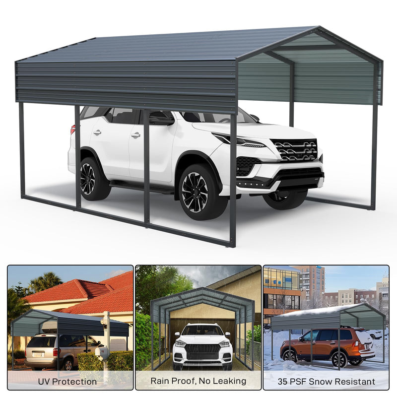 Outvita Heavy Duty Metal Carport, 10x15FT, Gray, Vehicle Protection, Outdoor Gatherings
