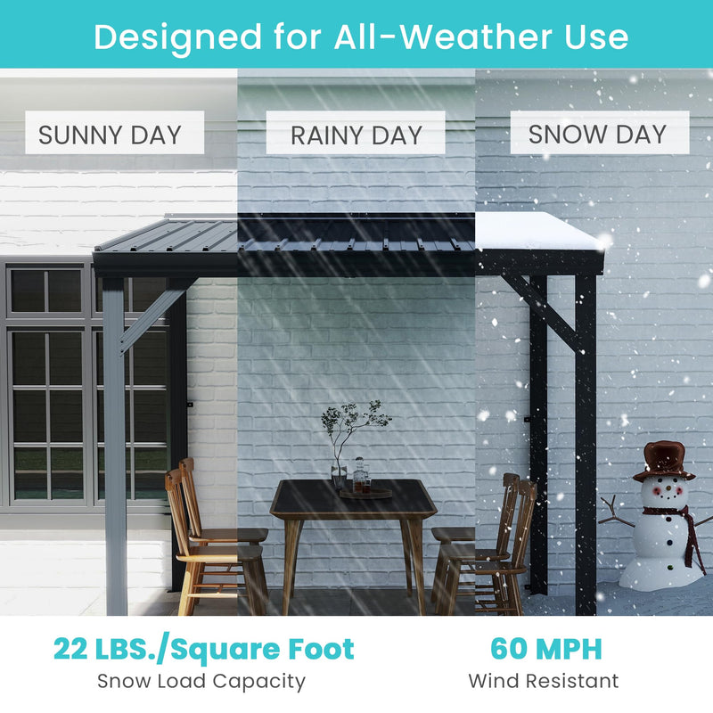 Domi 8' x 8' Lean to Gazebo, Wall Mounted Gazebos Pergola with Built in Drainage System, Galvanized Steel Roof, Hardtop Patio Shelter for Deck, Porch, Backyard and More