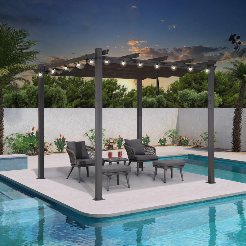 PURPLE LEAF 10' X 10' Outdoor Retractable Pergola with Sun Shade Canopy Patio Metal Shelter for Porch Beach Garden Pavilion Grill Gazebo Modern Yard Grape Trellis Gray Pergola with String Lights