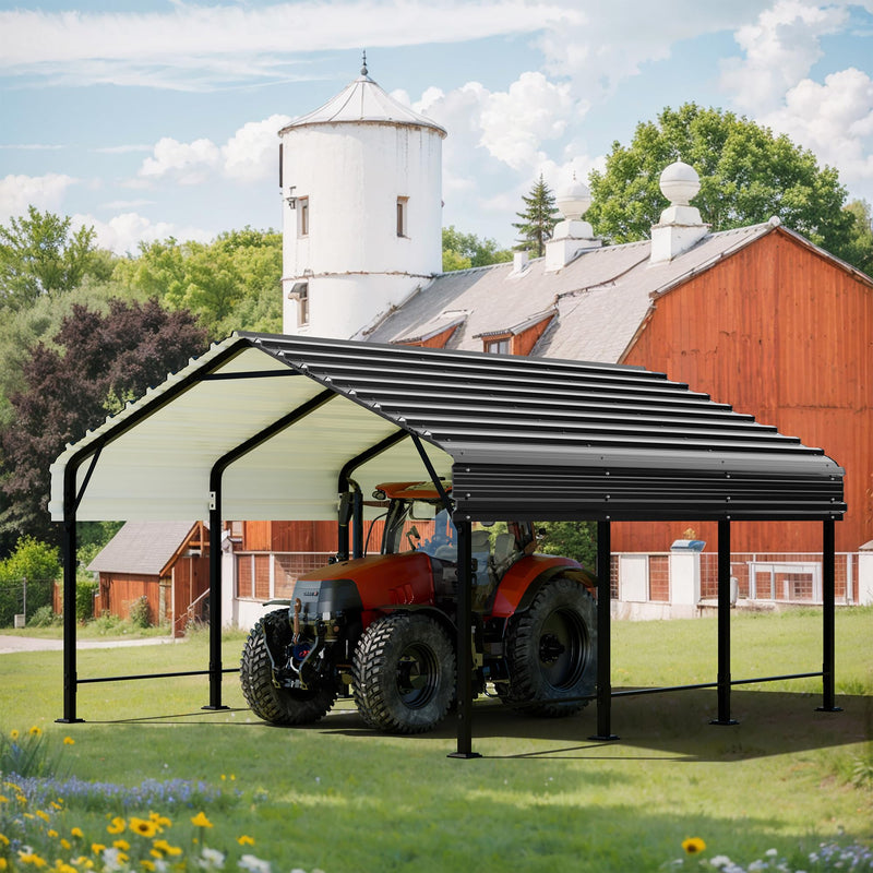 JAMFLY 12X15 FT Carport, Heavy Duty Carport Canopy with Galvanized Steel Roof and Frame, Metal Carport Upgraded Extra Large Garage for Pickup, Boat, Car and Tractors