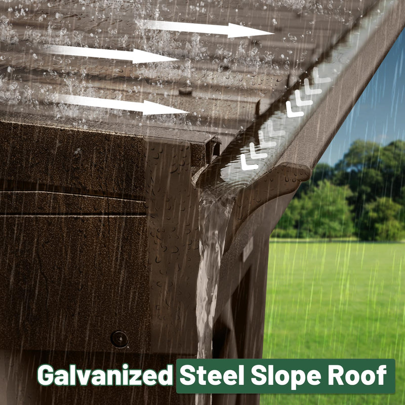 Domi 10x14FT Lean to Gazebo with Gutters, Outdoor Wall Mounted Pergola Hardtop with Galvanized Steel Sloping Roof, Patio Metal Canopy with Curtains and Nettings, Outside Awning for Backyard, Garden