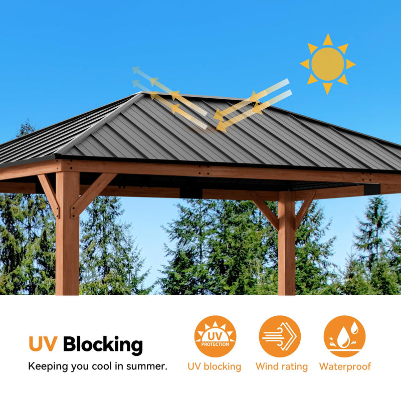 Modern Shade Tranquil Grove Wood Gazebo 12' x 16', Permanent Grill Gazebo with Galvanized Steel Hardtop Roof, Cedar Framed Wooden Pavilion for Garden, Backyard