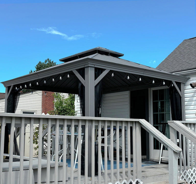 PURPLE LEAF 10' x 12' Hardtop Aluminum Gazebo with Double Metal Roof and String Lights Heavy Duty Permanent Gazebo for Patio Deck Lawn Garden All Weather Outdoor Pavilion Gazebo, Light Grey
