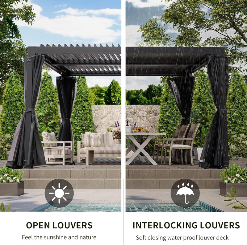 10' × 10' Louvered Pergola, Outdoor Aluminium Canopy with Adjustable Roof Curtains and Netting for Patio, Deck, Garden, Yard, Beach. (Black)