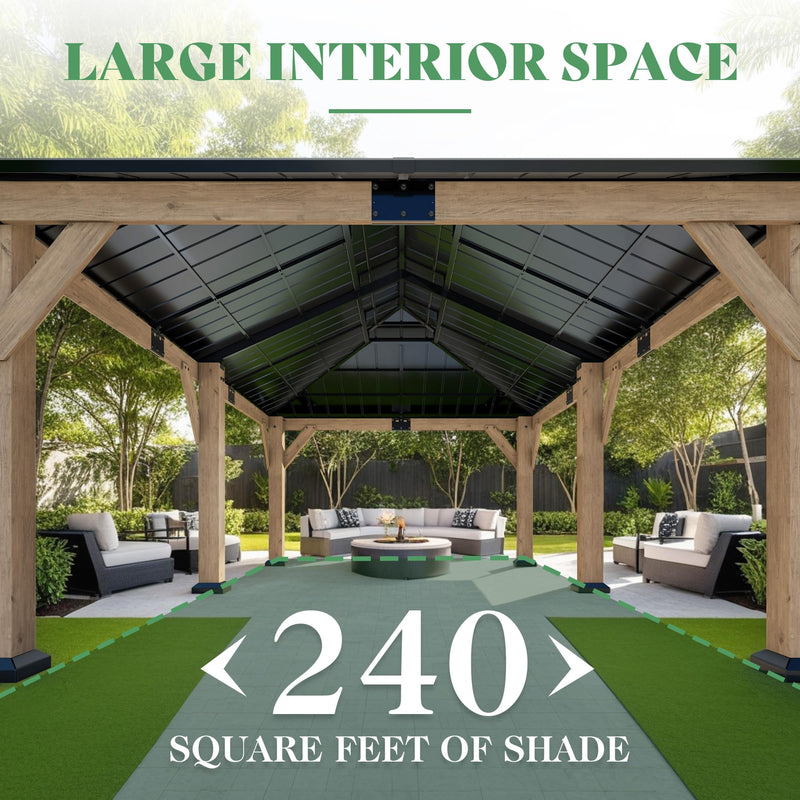 AMERLIFE 12x20FT Outdoor Wood Gazebo, Hardtop Pergola with Metal Roof & Spruce Wood Frame, Backyard Gazebo for Garden,Conversation,Gray Brown