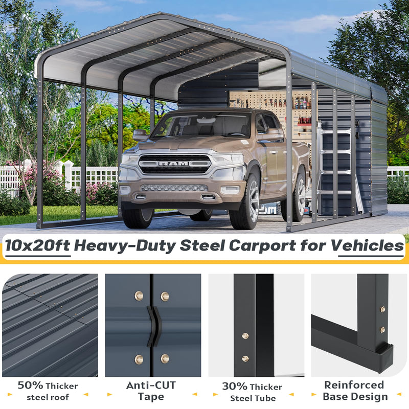 EROMMY 10x25 FT Carport Storage Shed 2-in-1, Heavy Duty Car Port with Galvanized Metal Frame, Base-Reinforced Enclosed Storage Shelter, Extended Coverage for Trucks, Cars & All Vehicles, Gray