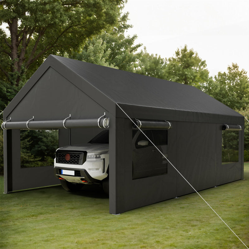 Shintenchi Carport 10' x 20' Heavy Duty Portable Garage, Car Port Canopy with Side-Opening Removable Door & Roll-Up Windows, Car Canopy for Truck,Car,Boat,Motorcycle,Grey