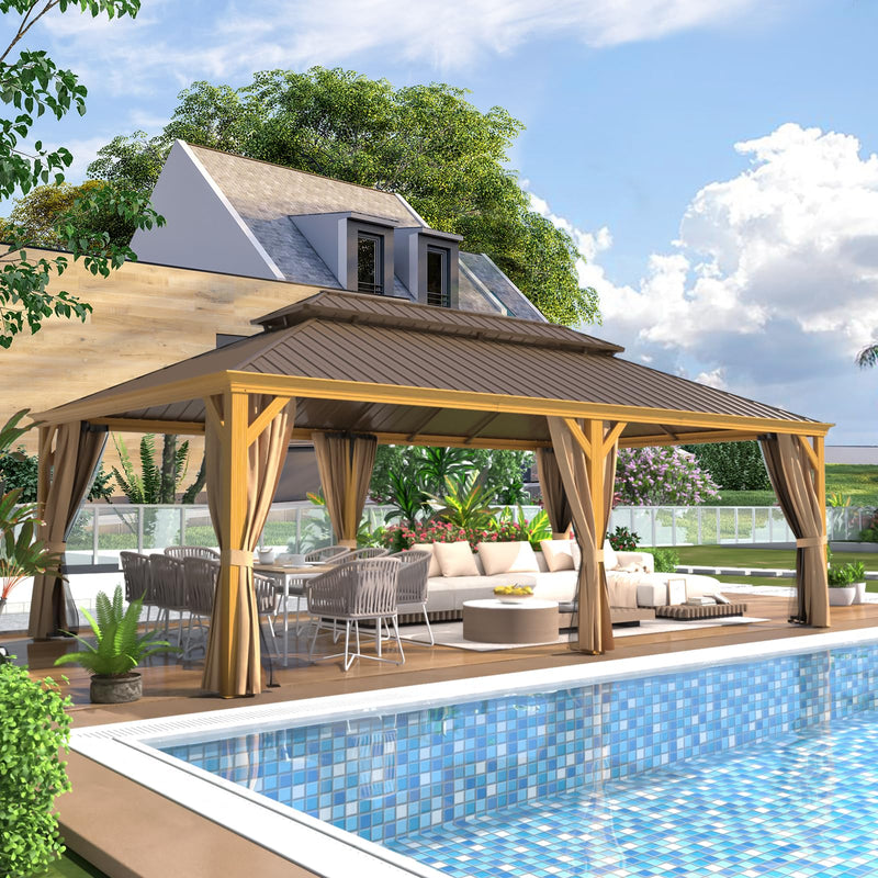 YOLENY 14'x24' Gazebo, Wooden Finish Coated Aluminum Frame Pergola with Double Galvanized Steel Hardtop Roof, Outdoor Permanent Metal Pavilion with Curtains and Nettings for Patio, Backyard and Deck