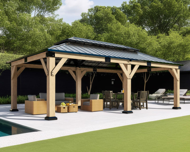 AMERLIFE 12x20FT Outdoor Wood Gazebo, Hardtop Pergola with Metal Roof & Spruce Wood Frame, Backyard Gazebo for Garden,Conversation,Gray Brown