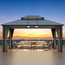 Raysfung Hardtop Gazebo 12' x 16', Patio Gazebos with Polycarbonate Roof & Steel Frame, Outdoor Pavilion with Gray Curtain&Netting for Backyard/Lawn/Garden/Deck