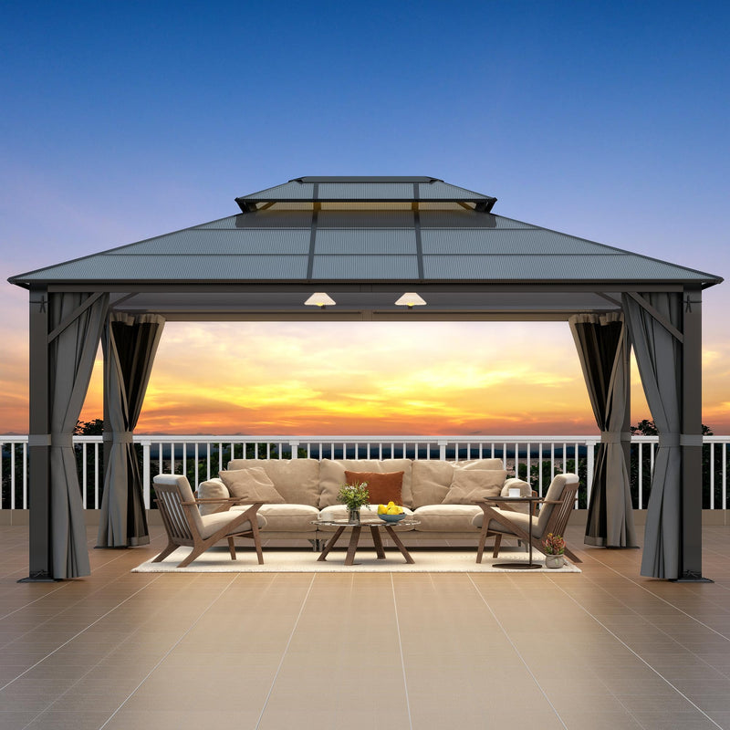 Raysfung Hardtop Gazebo 12' x 16', Patio Gazebos with Polycarbonate Roof & Steel Frame, Outdoor Pavilion with Gray Curtain&Netting for Backyard/Lawn/Garden/Deck