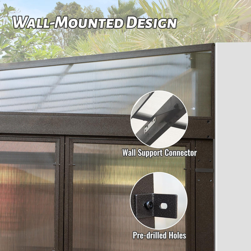 Domi 12x14FT All Season Sunroom, Outdoor Permanent Wall Mounted Solarium with Detachable Polycarbonate Windows, Aluminum Lean to Gazebo Sun Room with 2 Lockable Sliding Doors for Garden Patio Deck