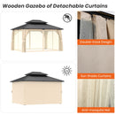 13’x15’ Outdoor Wooden Gazebo - Outdoor Patio Gazebo with Galvanized Steel Double Roof, Cedar Wooden Frame Pavilion with Netting and Curtains, Pergolas for Garden, Lawn, Poolside(13x15FT)