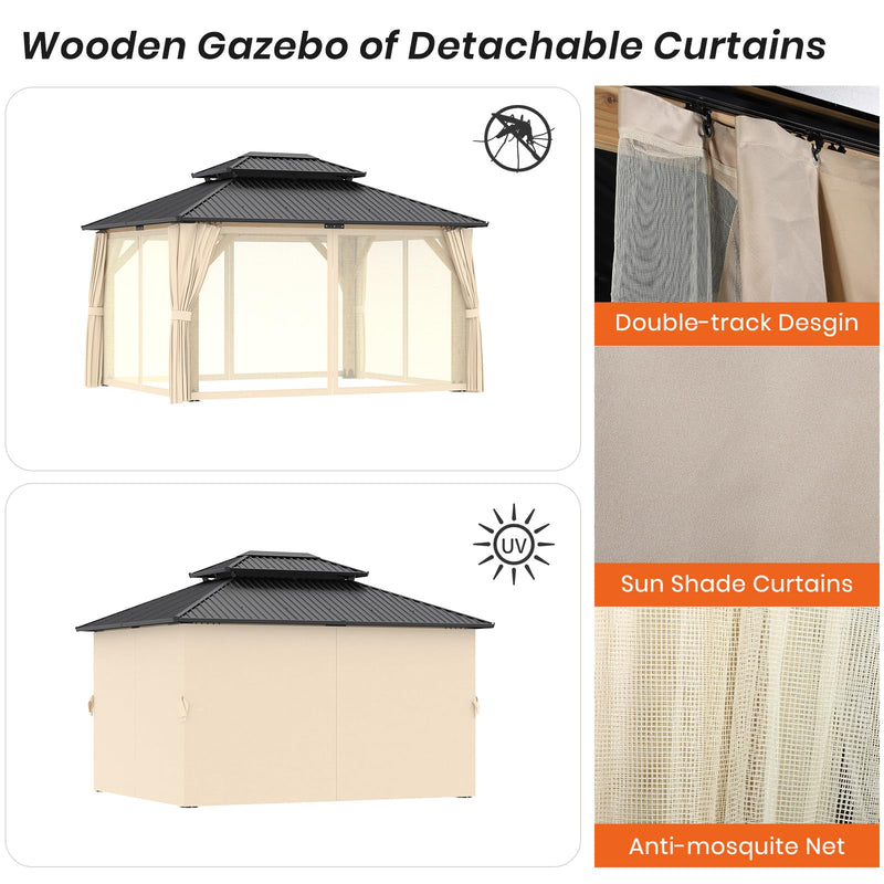 13’x15’ Outdoor Wooden Gazebo - Outdoor Patio Gazebo with Galvanized Steel Double Roof, Cedar Wooden Frame Pavilion with Netting and Curtains, Pergolas for Garden, Lawn, Poolside(13x15FT)