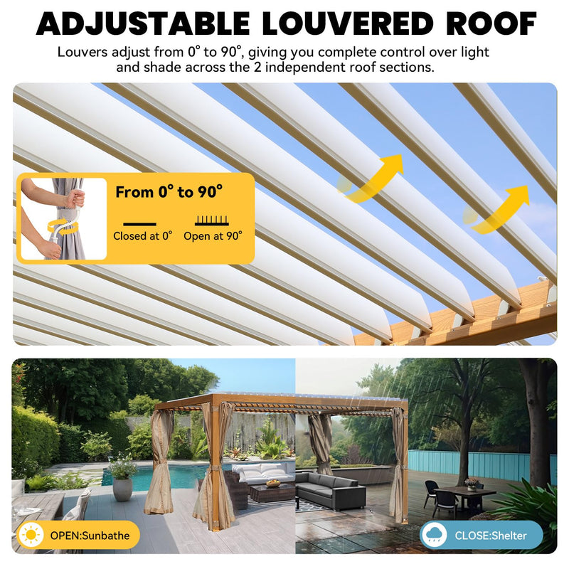 UPHYB Louvered Pergola 12x12ft, Adjustable Aluminum Pergola with Waterproof Curtains and Nets, Sun & Rain Shade for Patio, Modern DIY Outdoor Living Upgrade, Woodgrain
