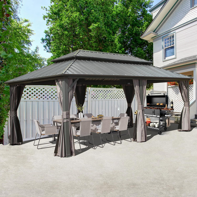 Domi 12' x 20' Hardtop Gazebo Permanent Metal Gazebo with Galvanized Steel Double Roof, Curtains and Netting for Patio, Backyard, Deck, Lawn, Grey