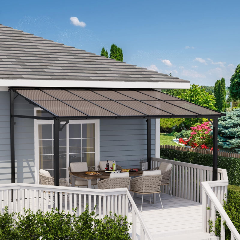 Garvee 10x12 Ft Outdoor Lean to Gazebo, Wall Mounted Patio Hardtop Gazebo Pergola with Polycarbonate Roof, Upgraded Steel Frame Hardtop Pavilion for Patio, Garden, Lawn, Deck