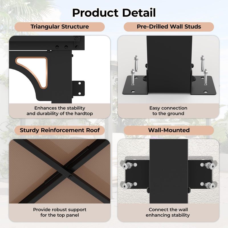 10'x 10'Wall Mounted Gazebo, Hardtop Lean-to Pergola with Polycarbonate Roof, Heavy Duty Outdoor Patio Awnings for Deck, Porch, Backyard, Garden, Weather Resistant, Brown