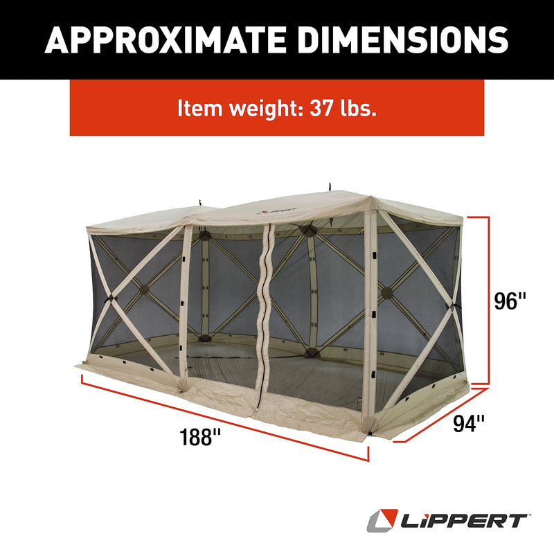 Lippert Picnic Popup Double Gazebo Tent for Camping, Patios and Easy Outdoor Shelter, 16' x 8' Breathable Mesh Screen Walls, 8-12 People, 128 Sq. Ft. Integrated Lantern Holders - 2022114836