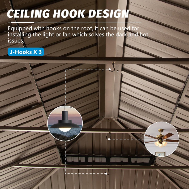 Domi Outdoor Living 14’x20’ Hardtop Gazebo, Wooden Coated Aluminum Frame Canopy with Galvanized Steel Double Roof, Outdoor Permanent Metal Pavilion with Curtains and Netting for Patio, Deck and Lawn