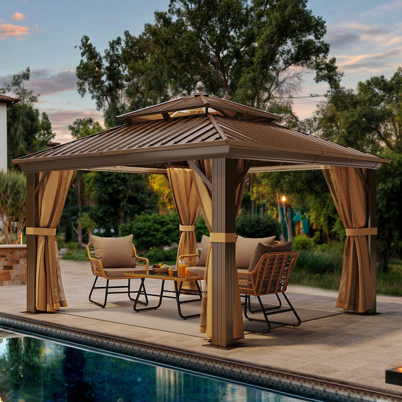 YITAHOME Gazebo 12x12ft Hardtop Heavy Duty Double Roof Outdoor Upgraded Galvanized w/Nettings Curtains Steel Combined of Horizontal Vertical Stripes Roof for Patio, Backyard, Deck, Lawn, Bronze