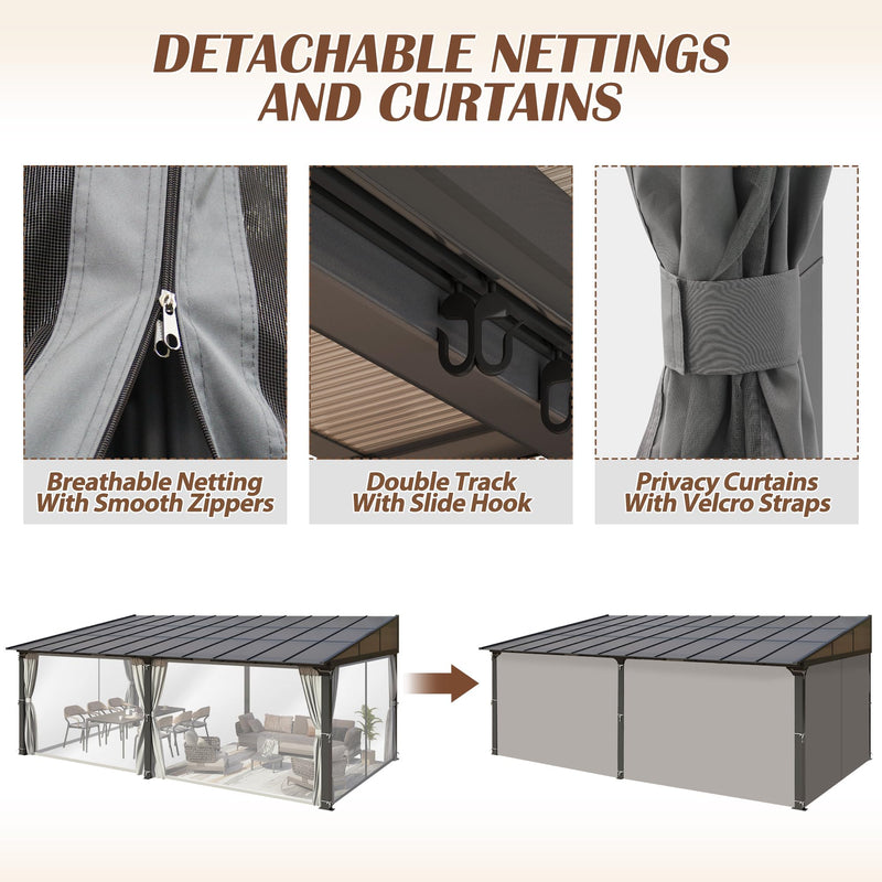 Raysfung 12 x20FT Outdoor Wall-Mounted Hardtop Gazebo, Aluminum Frame Lean to Gazebo with Polycarbonate Roof and Curtains for Patio, Garden, Deck