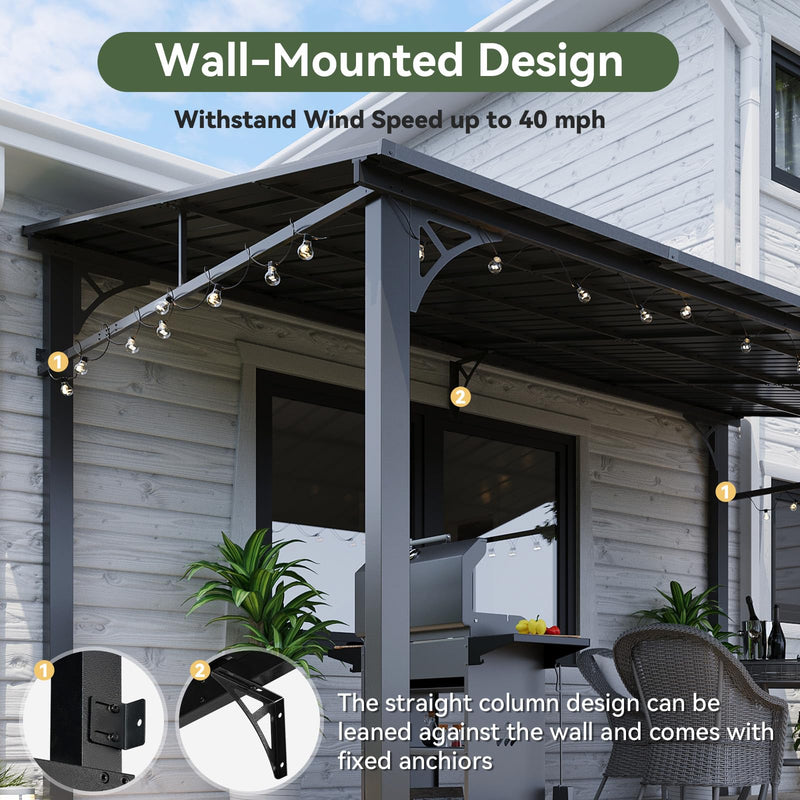 Aoxun 10' x 14' Lean to Gazebo, Upgraded Hardtop Outdoor Pergola with Sloping Galvanized Steel Roof, Large Wall-Mounted Heavy Duty Awnings for Patio, Backyard, Deck, Porch (Black)