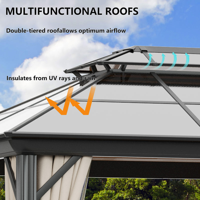 GAZEBEST 12' X 16' Permanent Hardtop Gazebo, Outdoor Polycarbonate Double Roof Pavilion Pergola Canopy with Aluminum Frame and Privacy Curtains for Patio, Garden, Backyard, Lawn