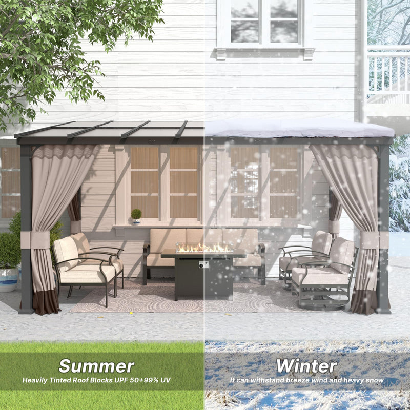 Gotland 10FTx12FT Outdoor Wall-Mounted Hardtop Pergola, Metal Frame Gazebo with Sloping Sun Panel Roof and Double Curtains for Patio, Garden, Lawn, Khaki