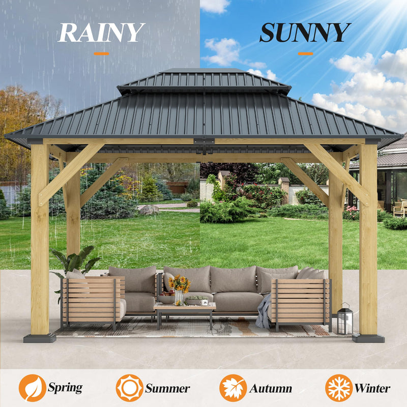 GARTOO 10’x 12’ Outdoor Wood Gazebo - Patio Hardtop Gazebo Permanent Wooden Pavilion with Galvanized Steel Double Roof, Cedar Wooden Gazebos for Garden, Lawn, Poolside, Backyard Deck