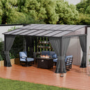 ALAULM 10'x 14' Outdoor Hardtop Pergola,Wall Mounted Lean to Gazebo with Curtains and Netting,Galvanized Metal Frame,Sunshade for Patio, Backyard, Deck and Lawns-Gray