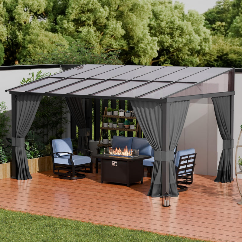ALAULM 10'x 14' Outdoor Hardtop Pergola,Wall Mounted Lean to Gazebo with Curtains and Netting,Galvanized Metal Frame,Sunshade for Patio, Backyard, Deck and Lawns-Gray
