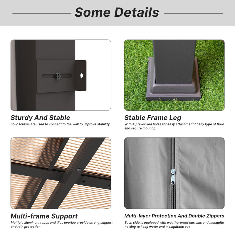 Gotland 10FTx14FT Outdoor Wall-Mounted Hardtop Pergola, Metal Frame Gazebo with Sloping Sun Panel Roof and Double Curtains for Patio, Garden, Lawn, Grey