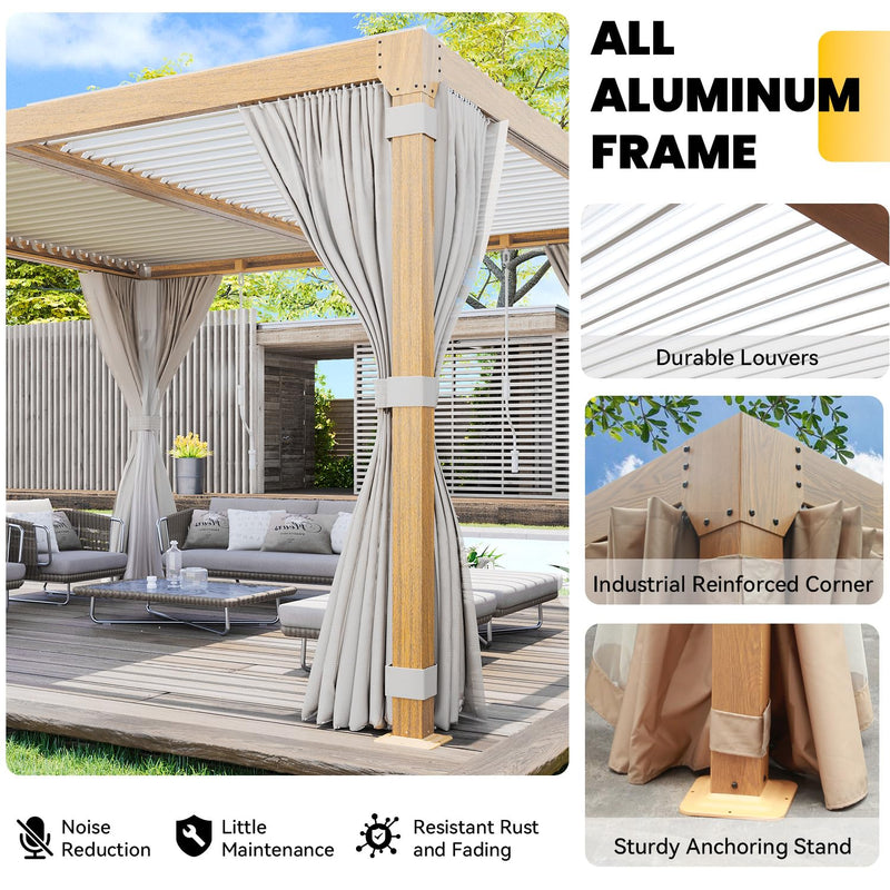 UPHYB Louvered Pergola 12x12ft, Adjustable Aluminum Pergola with Waterproof Curtains and Nets, Sun & Rain Shade for Patio, Modern DIY Outdoor Living Upgrade, Woodgrain