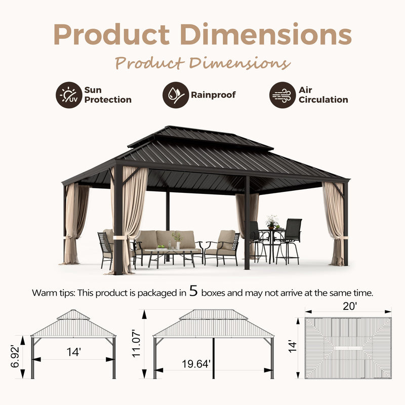 MIXPATIO 14' x 20' Hardtop Gazebo, Galvanized Steel Metal Double Roof Gazebo, Permanent Outdoor Metal Pavilion with Curtain and Netting for Deck, Backyard, Patio, Lawns