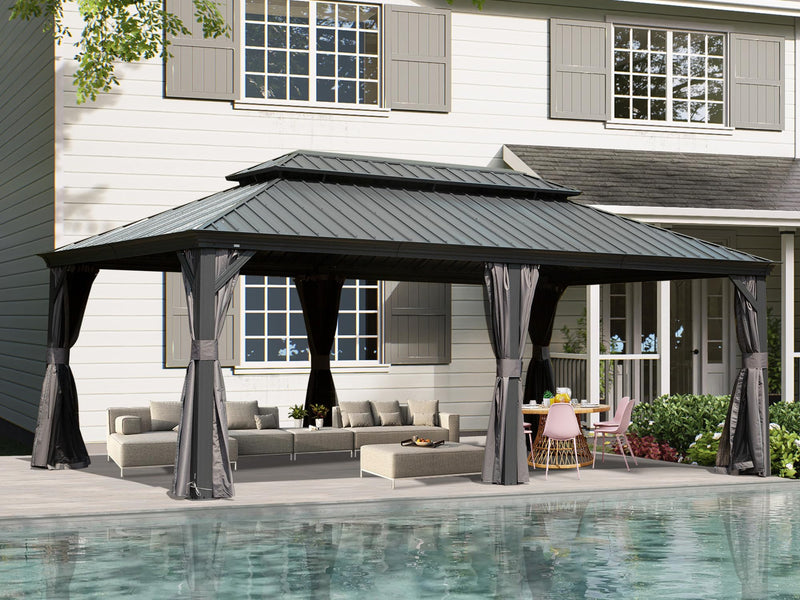 Domi 14' X 20' Hardtop Gazebo Outdoor Metal Gazebo Canopy with Galvanized Steel Double Roof, Aluminum Frame, Curtains and Netting for Patio, Deck, Garden, Grey