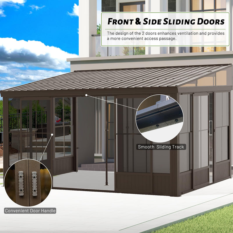 SHPAI 12'x14' Lean to Sunroom, All Weather Wall Mounted Solarium, Hardtop Aluminum Gazebo with Galvanized Steel Roof, 2 Sliding Doors, PVC Screens, Outdoor Permanent Sun Room for Patio, Deck, Backyard