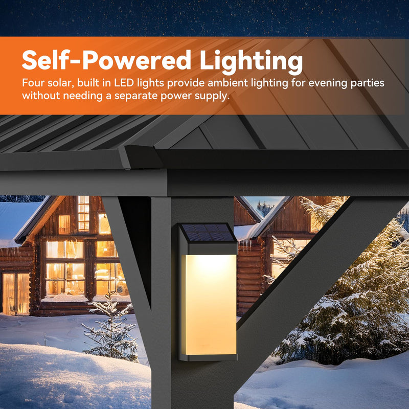 Modern Shade The Horizon Permanent Hardtop Gazebo 12' x 16' w/ 4 LED Lights, Outdoor Gazebo w/Galvanized Steel Double Roof, Patio Pavilion w/Decor Hooks, Mosquito Nettings, Black