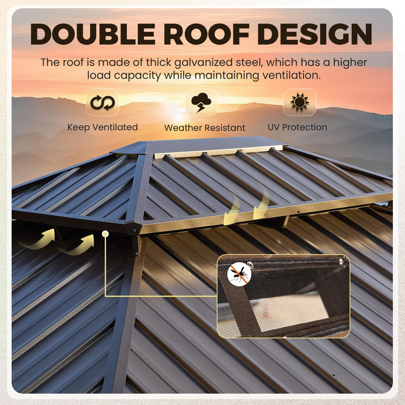 YOLENY 12' x 14' Gazebo Hardtop with Aluminum Frame,Galvanized Steel Double Roof Gazebos with Curtain and Netting,Outdoor Metal Pergolas for Garden, Lawn, Deck, Brown