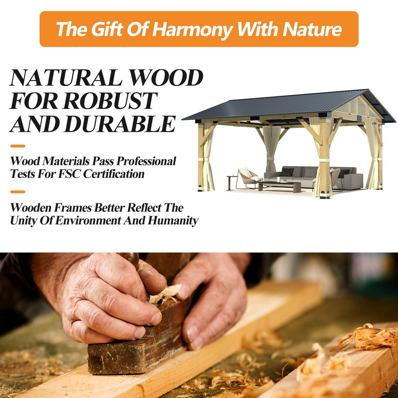 COVERONICS 13’x15’ Outdoor Wood Gazebo - Hardtop Patio Gazebo with Galvanized Steel Roof, Cedar Wooden Gazebo with Privacy Curtains and Netting for Garden, Porch, Patio and Deck